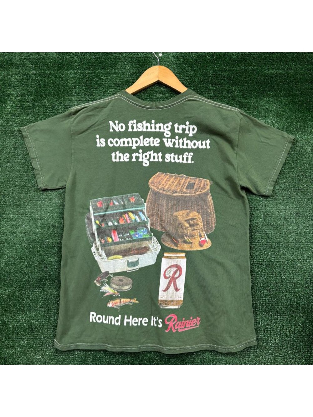 Rainier Beer No Fishing Trip Is Complete Without the Right Stuff T-Shirt Medium